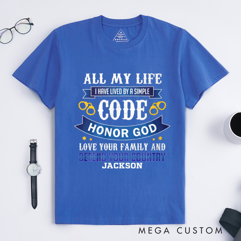 Personalized Simple Code T-Shirt God Family and Country Featuring Handcuffs Gift for Patriotic Law Enforcement Supporters