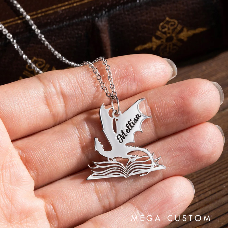 Personalized Book Dragon Necklace with Name Birthday Anniversary Gift for Bookworm Reader Fantasy Book Lovers Gift