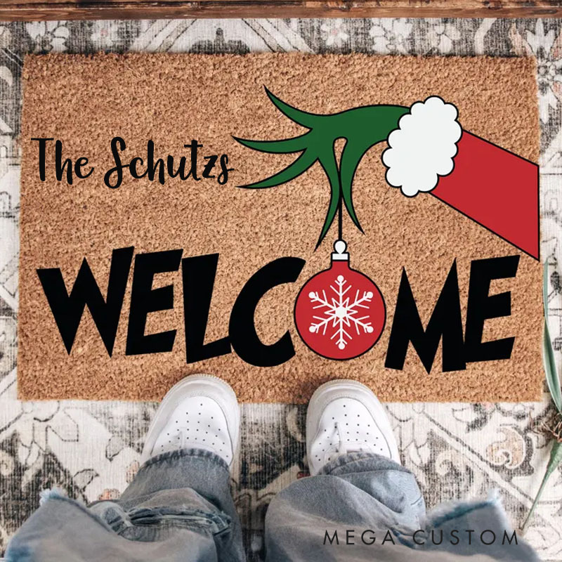 Personalized Green Welcome Christmas Door Mat Funny Holiday Welcome Mat With Santa Hat Green Inspired Doormat Cute Christmas Entry Rug Xmas Porch
