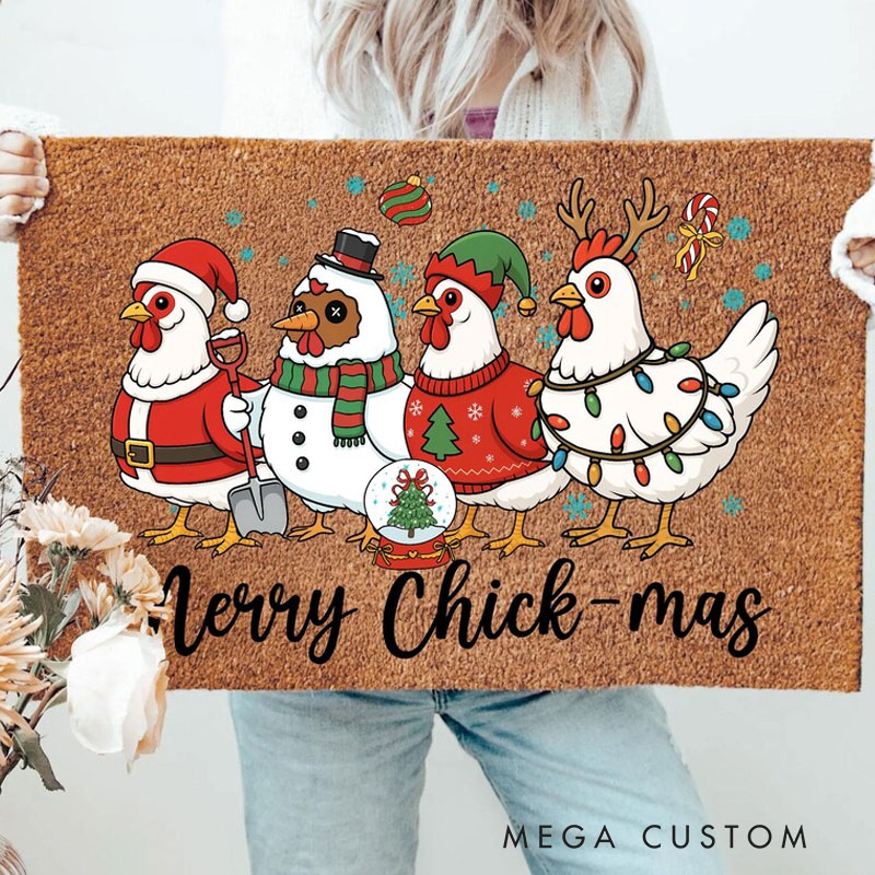 Personalized Merry Chick-mas Doormat Funny Christmas Chicken Mat Farmhouse Holiday Entry Rug Cute Xmas Porch Decor Farm Animal Gift Chicken Lover