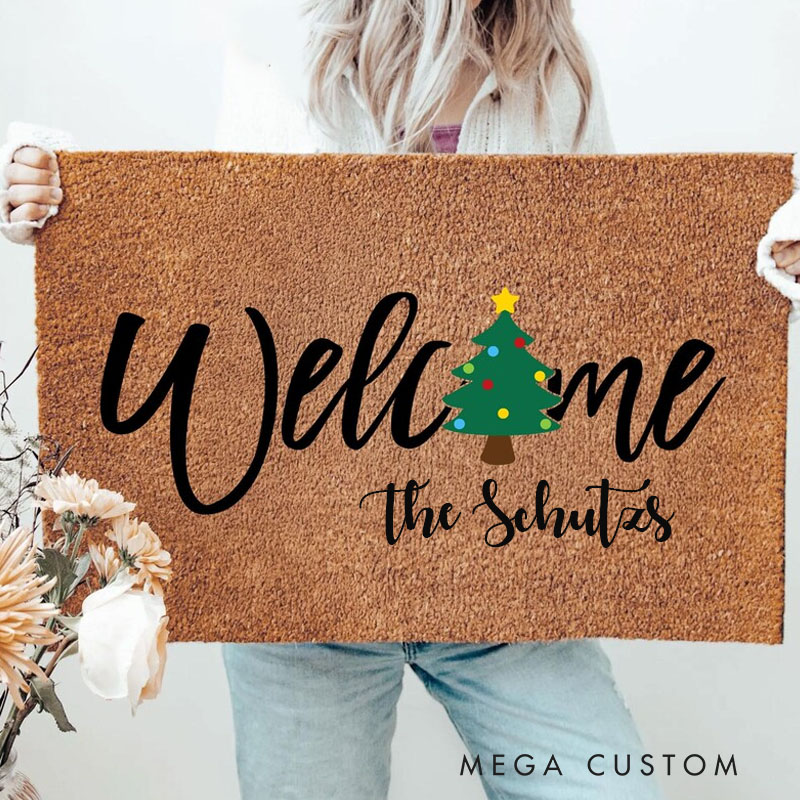 Personalized Christmas Tree Welcome Doormat Welcome Xmas Trees Holiday Doormat Festive Front Porch Welcome Mat Outdoor Entryway Rug Doormat