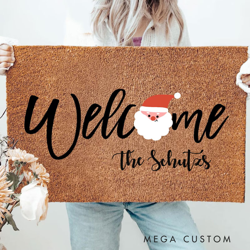 Personalized Christmas Welcome Door Mat for New Home Housewarming Gift Custom Holiday Floor Mat Festive Outdoor Entrance Rug for Front Porch Decor