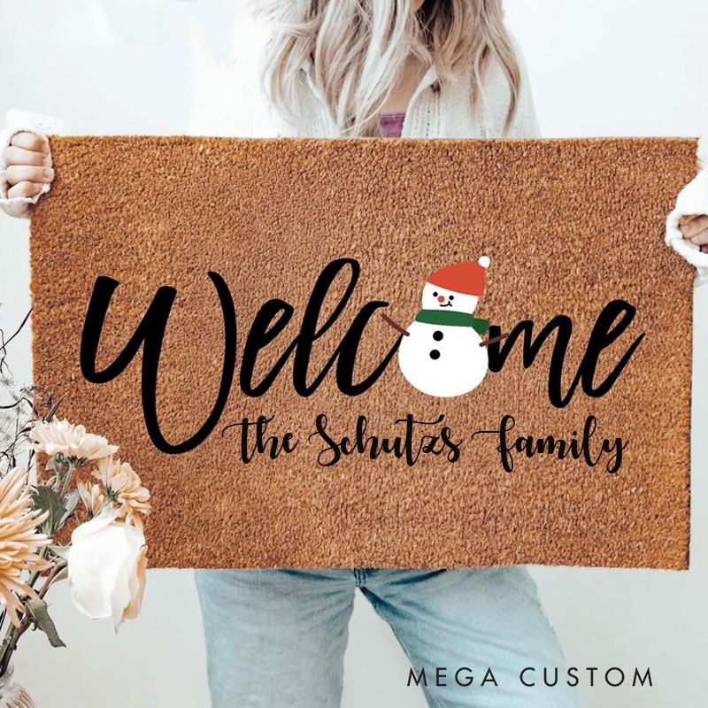 Personalized Welcome Mat Funny Christmas Doormat Snowman Christmas Doormat Holiday Entry Rug Festive Xmas Decor Unique Housewarming Gift Xmas Doormat
