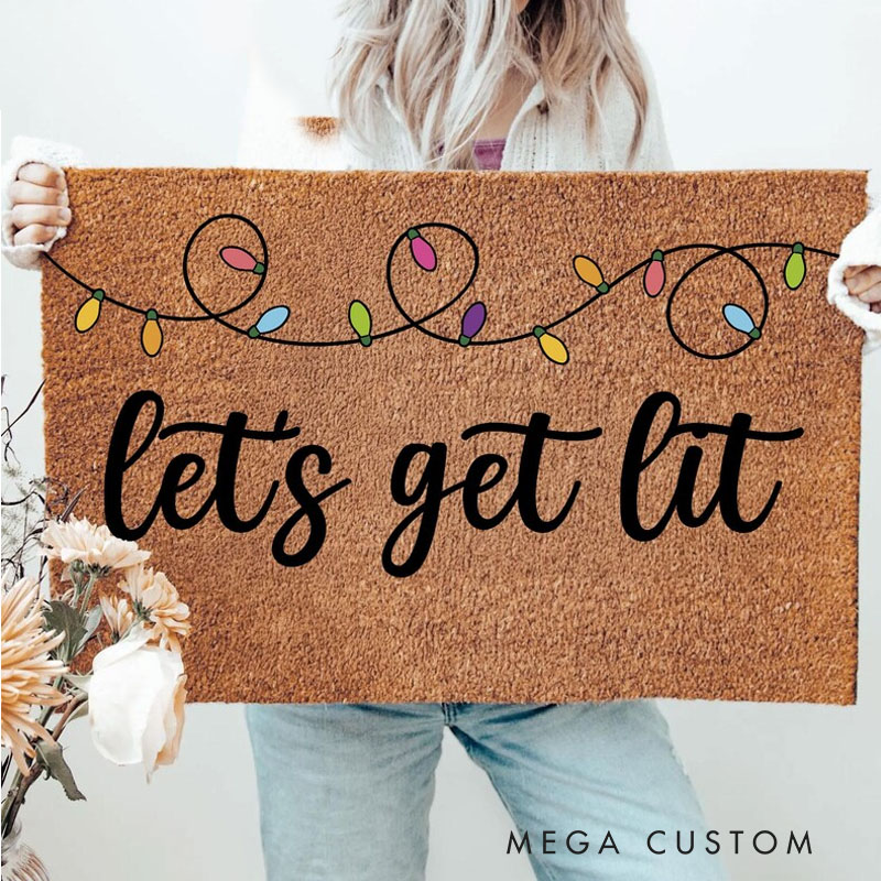 Personalized Let’s Get Lit Christmas Doormat with Colorful Holiday Lights Funny Xmas Front Porch Mat Festive Party Welcome Rug Holiday Entryway Decor