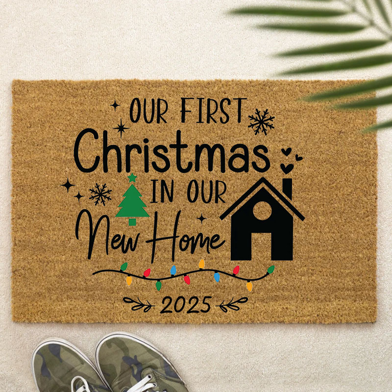 Personalized Our First Christmas Door Mat for New Home Housewarming Gift Custom Holiday Floor Mat Festive Outdoor Entrance Rug for Front Porch Decor