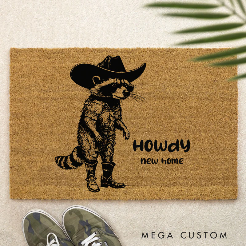 Personalized Howdy Racoon Cowboy Funny Doormat Western Decor Funny Coir Door Mat Welcome Mat Funny Housewarming Wedding Gift New Home Gift for Home