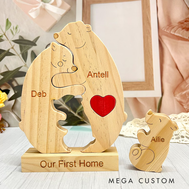Personalized Wooden Bear Family Puzzle Wooden Bear With Heart Engraved Customizable Name Family Puzzle Family Keepsake Gift New Home Housewarming Gift