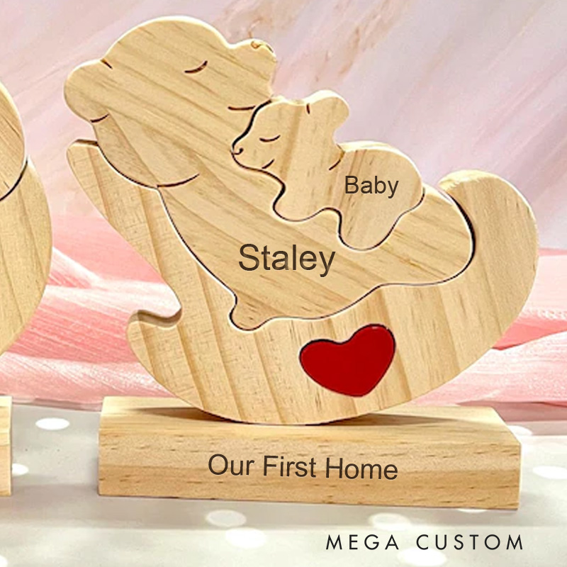Personalized Wooden Shaking Bear Puzzle Cute Parent Child Bear Fun Swinging Chair Napping Bear Engraved Name Mother's Day Gift Family Keepsake Gifts