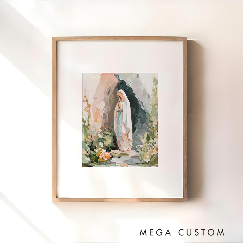 Personalized Our Lady of Lourdes Virgin Mary Catholic Modern Art Frameless Poster with Name Neutral Christian Wall Decor Gift for Her Blessed Mother