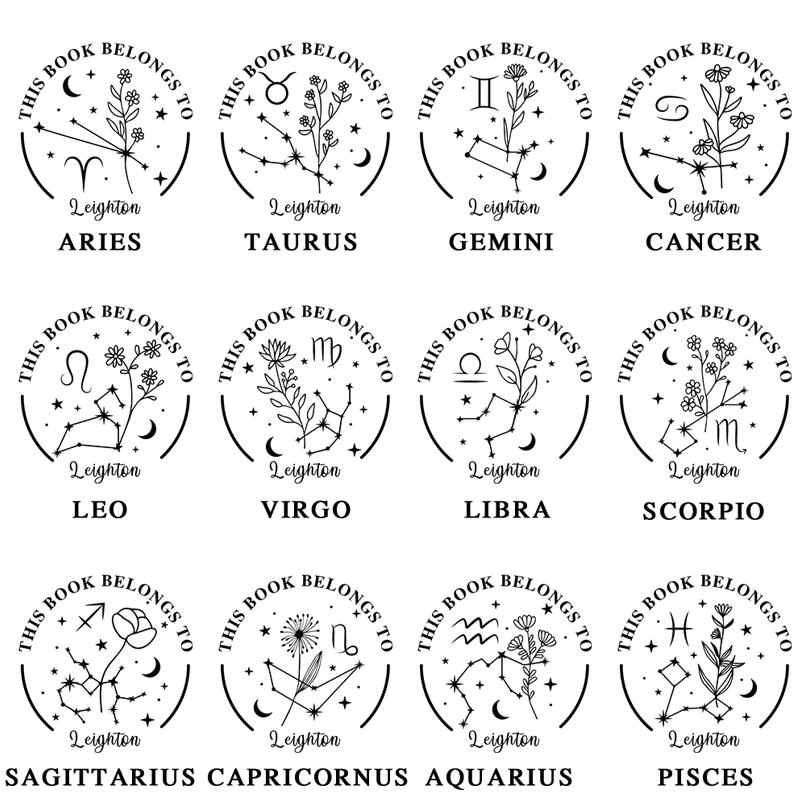 Personalized Zodiac Sign and Birth Flower Theme Book Embosser Stamp with Name Christmas Birthday Gift for Writer Librarian Book Lover