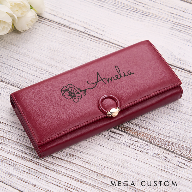 Personalized Leather Wallet For Her Birth Flower Wallet with Name Engraved Wallet For Women Leather Purse Birthday Gift For Her Gift For Mother Bridesmaid Gift Christmas Gift