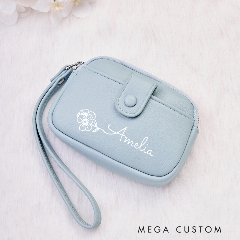 Personalized Leather Wristlet Wallet Birth Flower Wallet for her Leather Wallet With Zipper Purse Wallet Cute wallet Unique Gift for Her Birthday Gifts