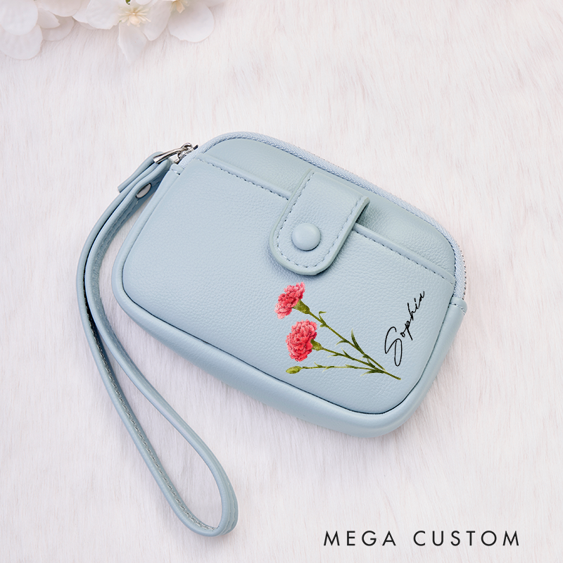 Personalized Leather Wristlet Wallet Birth Flower Wallet for her Leather Wallet With Zipper Purse Wallet Cute wallet Unique Gift for Her Birthday Gifts