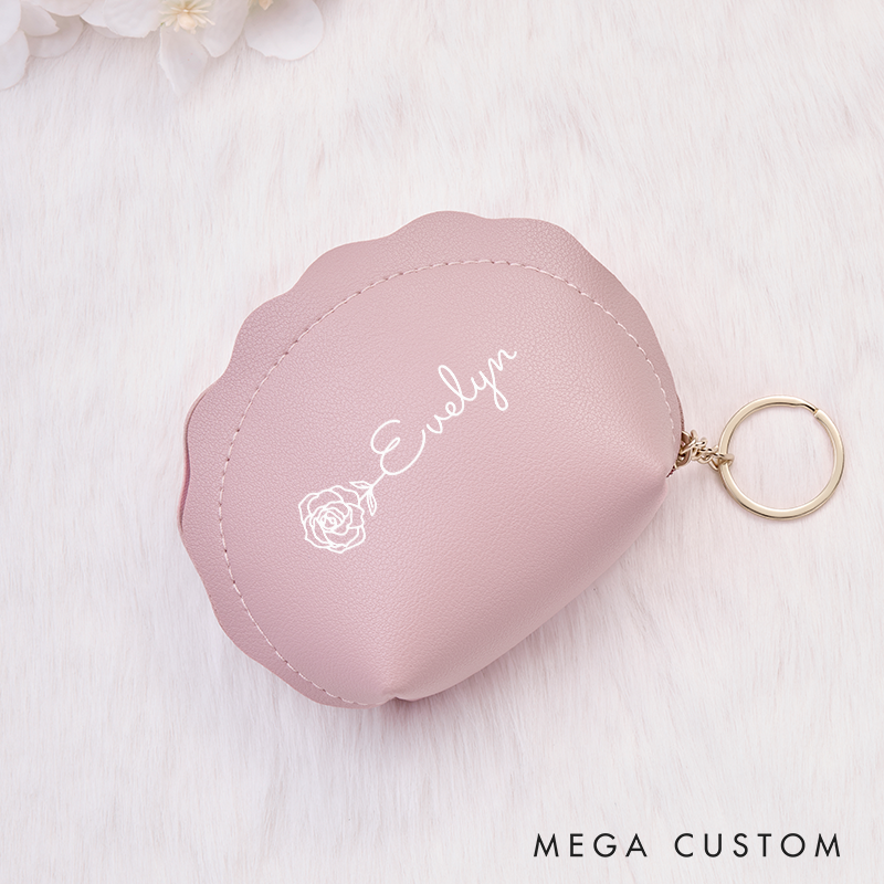 Personalized Leather Wallet for Girl Birth Flower Wallet for Her Shell Wallet Leather Wallet With Zipper Purse Wallet Cute wallet Unique Gift for Her Birthday Gifts