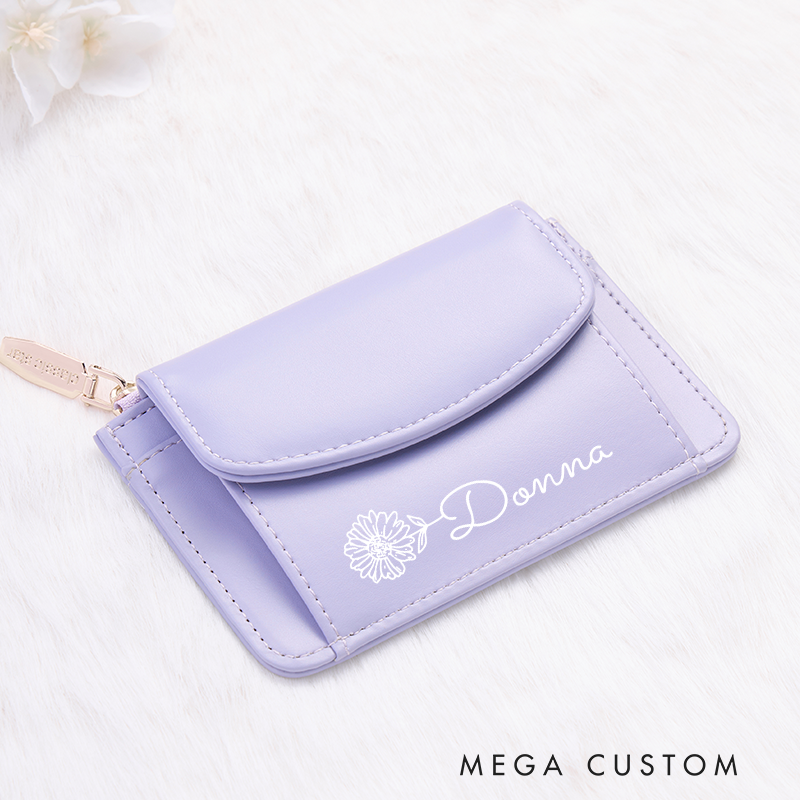 Personalized Leather Wallet for Girl Birth Flower Wallet for Her Zipper Wallet Purse Wallet Credit Card wallet Cute wallet Women's Purse Unique Gift for Her Birthday Gifts