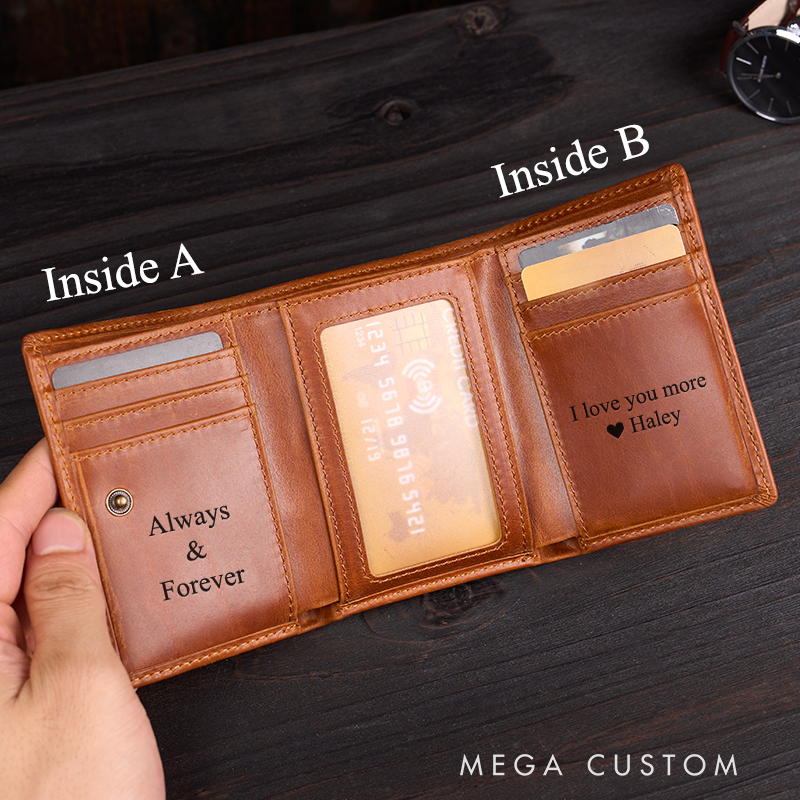 Personalized Genuine Leather Wallet Mens Wallet Engraved Wallets with Name Trifold Wallet Leather Gift For Him Gift for Husband Boyfriend Father