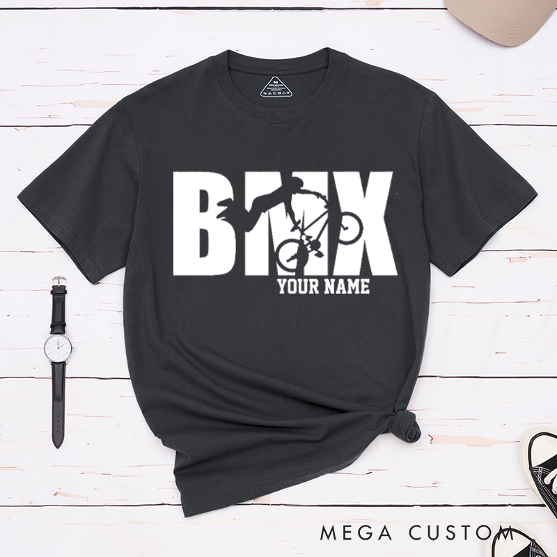 Personalized BMX T-Shirt with a Rider Performing an Awesome Stunt for Outdoor Adventures Riding Cycling Biking Enthusiasts