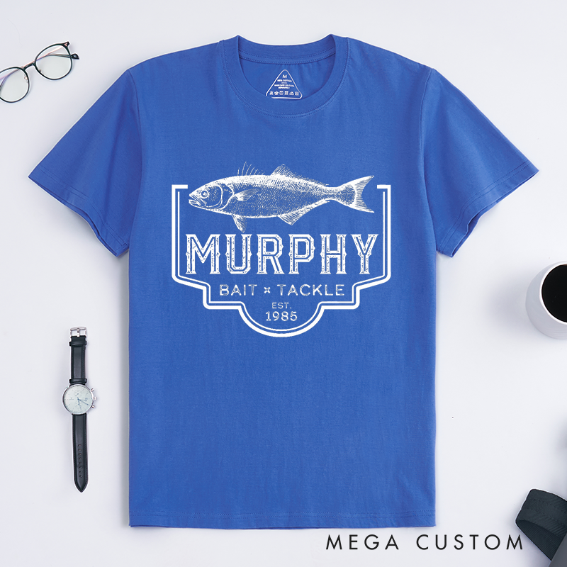 Personalized Murphy Bait and Tackle Fishing T-Shirt Custom Bass Fishing T-Shirt Classic Fish Design Perfect for Fishing Trips Outdoor Adventures and Casual Wear