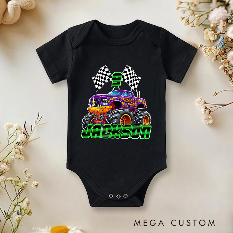 Personalized Big Wheel Off-Road Truck Multicolor Baby Bodysuit with Age and Name Birthday Christmas Gift for Baby