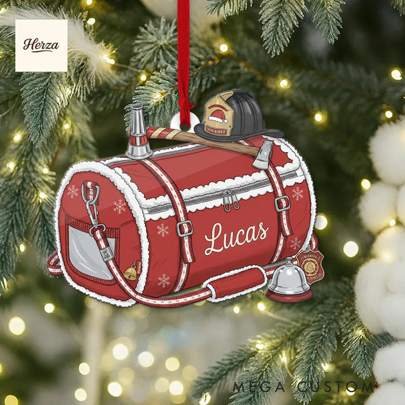 Personalized Firefighter Gear Bag Ornament Custom Acrylic or Wooden Xmas Tree Decor Gift for Fireman or Hero
