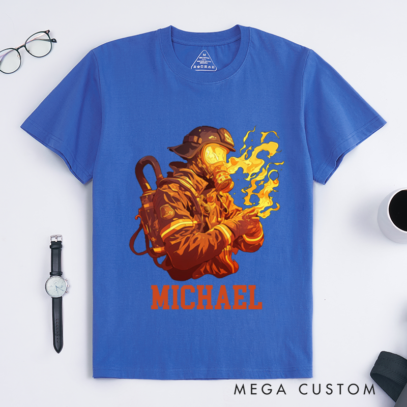 Personalized Firefighter T-Shirts Custom Firefighter Flames Graphic Design T-Shirt Firefighter Dad Gift