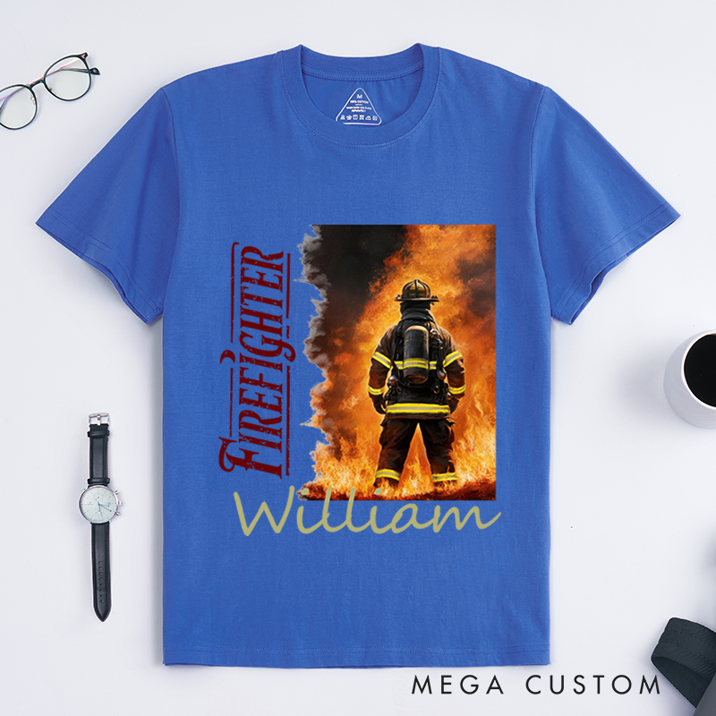 Personalized Heroic Firefighter and Flames Illustration Design Gift for Firefighter T-Shirt
