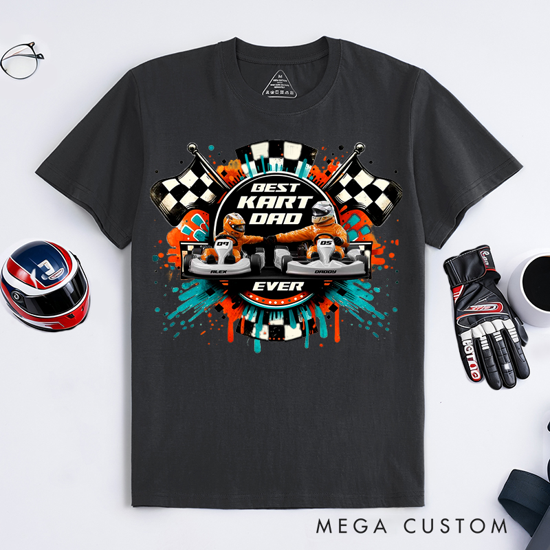 Personalized Kart Racing Dad and Kid T-Shirt Custom Names and Numbers Gift for Racing Families and Kart Lovers