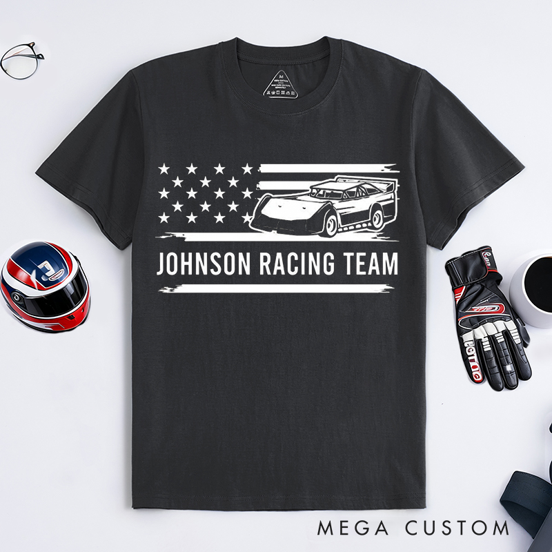 Personalized Racing Team T-Shirt Custom Text Vintage USA Flag Race Car Design for Racers and Racing Lovers