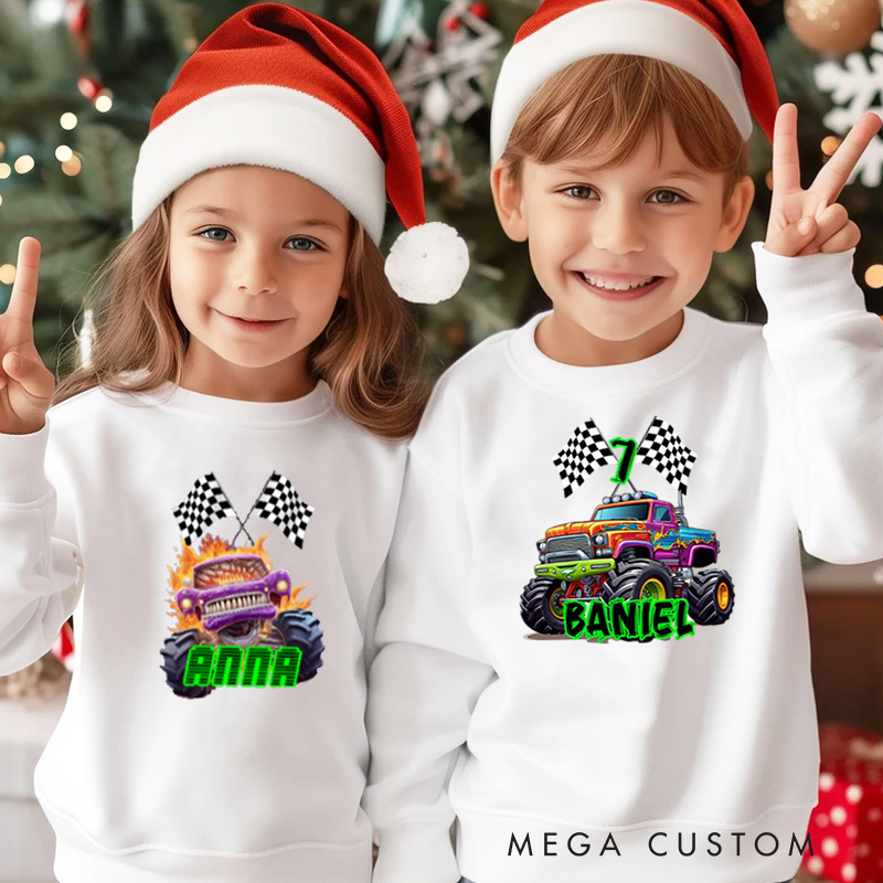 Personalized Big Wheel Off Road Truck Multicolor Kid's Sweatshirt Hoodie with Age and Name Birthday Christmas Gift for Kids