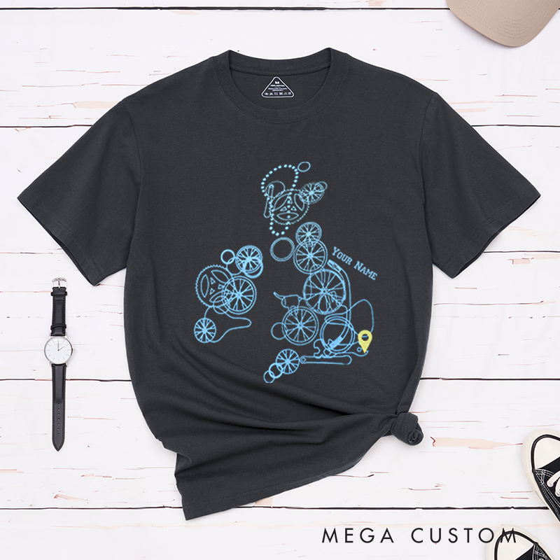 Personalized T-Shirt with Creative Bicycle Parts Design Forming a Map-Like Pattern for Outdoor Adventures Riding Cycling Biking Enthusiasts