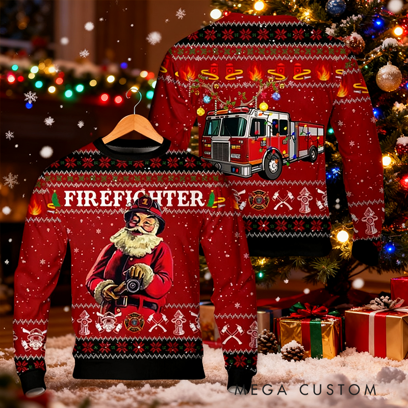 Personalized Christmas Firefighter Ugly Sweater Fireman Xmas Sweater Firefighter Ugly Christmas Sweater Fire Department Sweater For Men