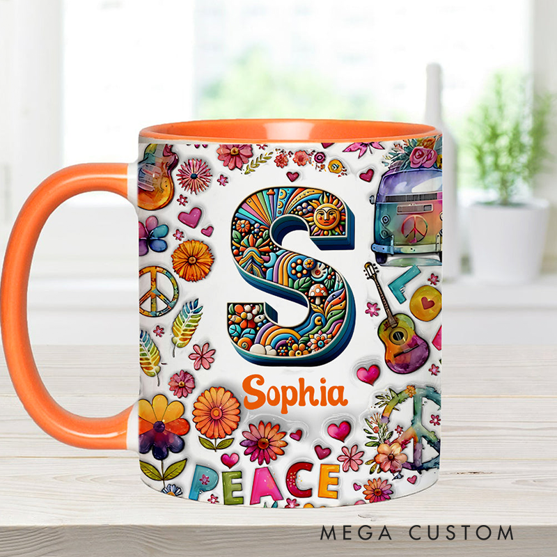 Personalized Hippie Soul Personalized name and Initial Letter mug Hippie Accent Mug for Holiday Decor Family Gifts and Party Favors