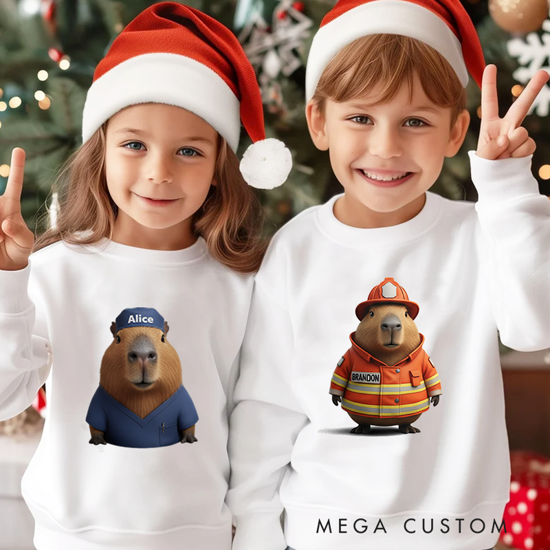 Personalized Kids Sweatshirt and Holiday Pullover with 3D Capybara Character Design Featuring Different Occupations for a Fun and Festive Winter Look