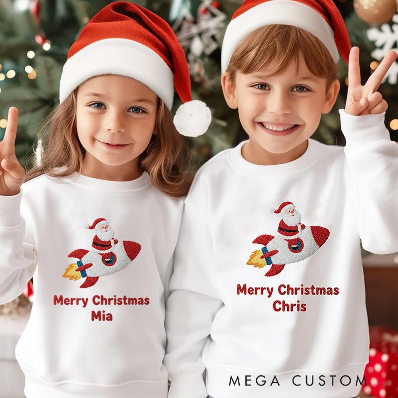 Personalized Kids Sweatshirt and Holiday Pullover with 3D Rocket Print and Santa Design Featuring Festive Christmas Elements for a Joyful Winter Look 