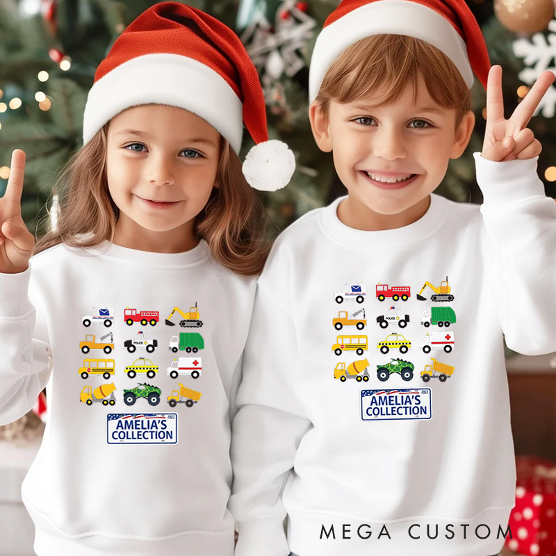 Personalized Kids Sweatshirt and Holiday Pullover with Colorful Vehicle Collection Design Featuring Cars Trucks and Excavators for a Fun Christmas Look