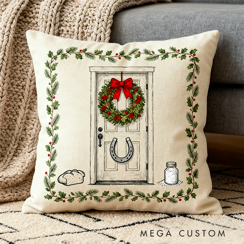 Personalized Holiday Door Pillow Festive Wreath and Horseshoe Design Decorative Cushion Cozy Christmas Home Decor Soft Throw Pillow for Living Room