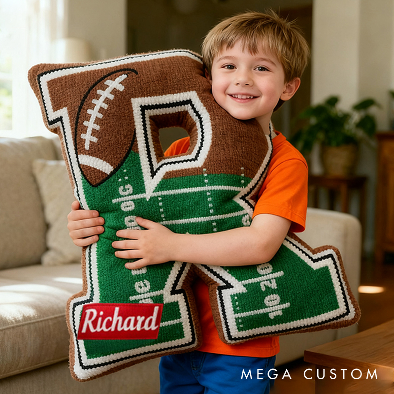 Personalized Football Field Initial Pillow with Custom Name for Kids and Sports Fans