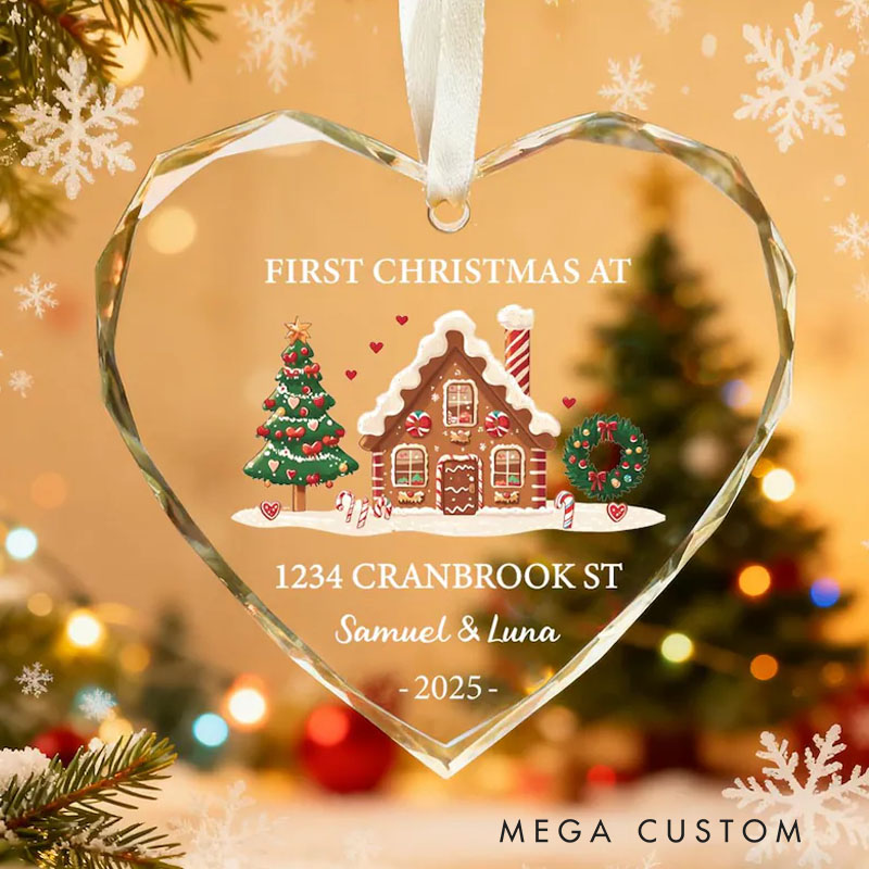 Personalized Heart Ornament First Christmas 2025 Custom Address Gingerbread House Design Festive Holiday Keepsake for New Homeowners Unique Gift Idea