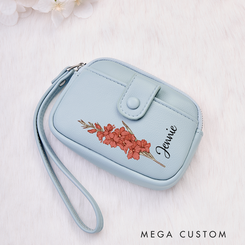 Personalized Leather Wristlet Wallet Birth Flower Wallet for her Leather Wallet With Zipper Purse Wallet Cute wallet Unique Gift for Her Birthday Gifts