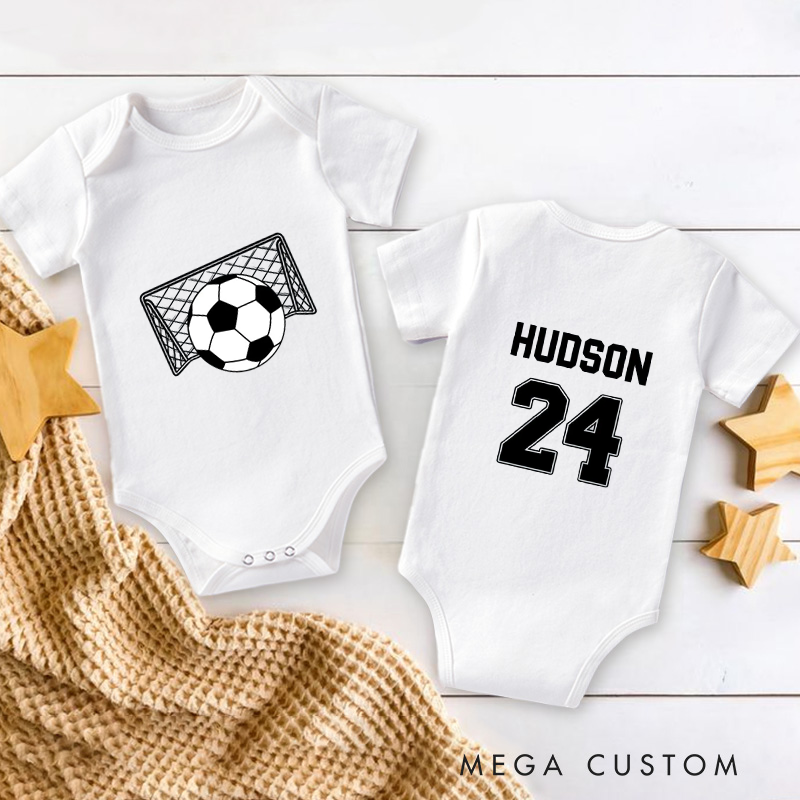 Personalized Soccer Baby Onesie With  Name And Number Editable Bodysuit Goal Net Front Design Baby Team Jersey Football Gift for Little Fans