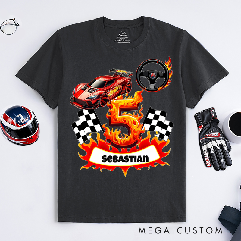 Personalized Racing T-Shirt Custom Name and Number Flame Car Checkered Flag Design for Racers and Racing Lovers