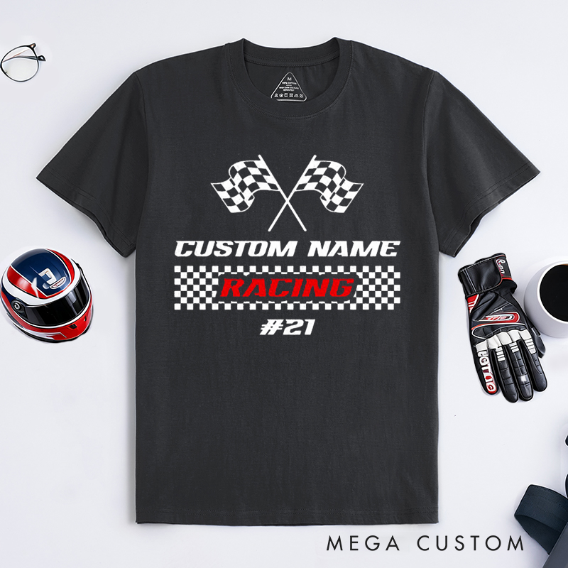 Personalized Racing T-Shirt Custom Name and Number Race Team Tee Gift for Racers and Racing Lovers