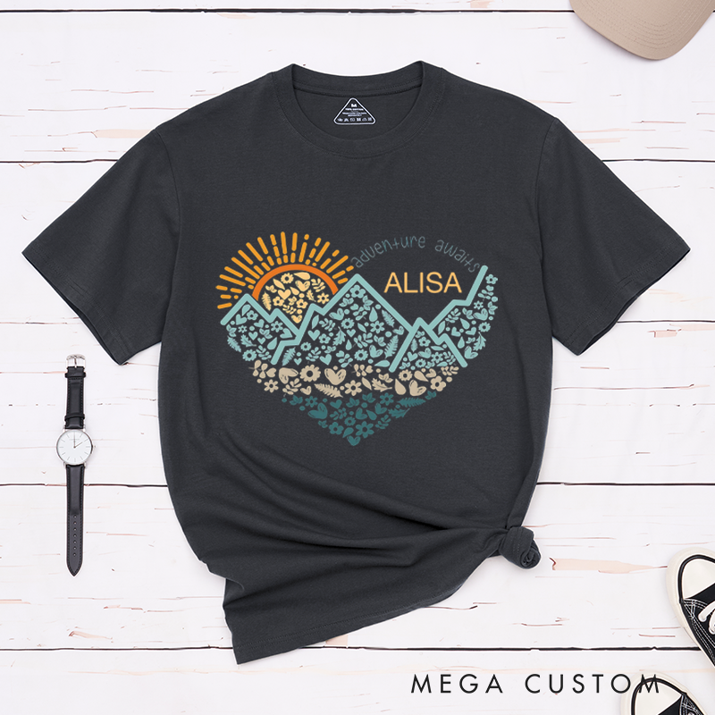 Personalized Adventure Awaits T-Shirt Wanderlust Explore  Nature Tee Shirt Outdoors Camp Gift