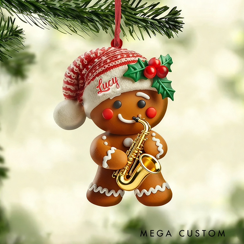 Personalized Gingerbread Playing Piano Ornament Custom Name Ukulele Christmas Tree Ornament Music Band Ornament