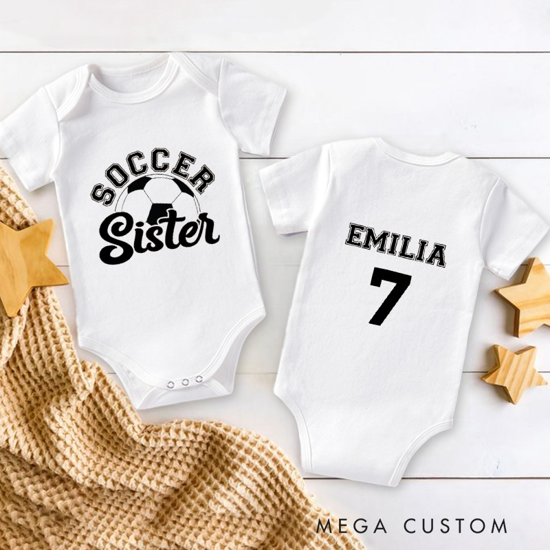 Personalized Double Sided Soccer Baby Onesie with Editable Front Title and Custom Name And Number on Back  Soft Cotton Fabric