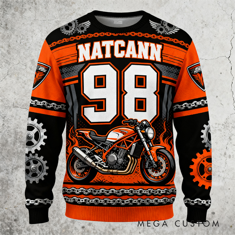 Personalized Motorcycle Themed Ugly Sweater Custom Name and Number Ugly Sweater Xmas Gift for  Motorcyclist