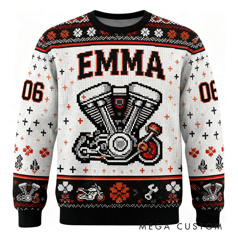 Personalized Motorcycle Themed Ugly Sweater Custom Name and Number Ugly Sweater Xmas Gift for  Motorcyclist