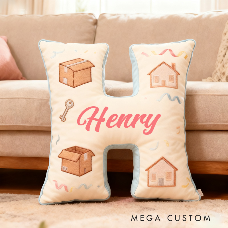 Personalized Housewarming Letter Pillow Graphic 3D Print Custom Name Design Soft Decorative Cushion for New Home Cozy Gift with Moving Day Theme