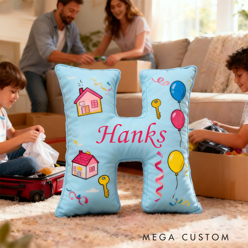 Personalized New Home Letter Pillow Graphic 3D Print Custom Name Design Soft Decorative Cushion with House and Balloon Theme Perfect Gift