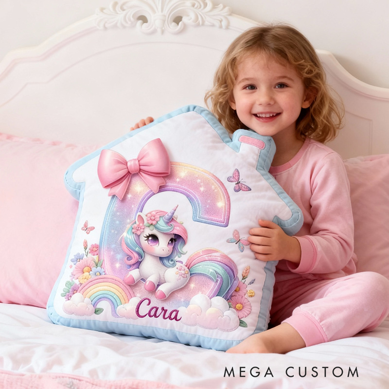 Personalized Unicorn Pillow House-Shaped 26 Letters Custom Name Design Perfect for Girl's Bedroom Decor and Gift Idea Graphic 3D Print